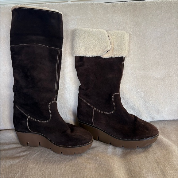 KORS Michael Kors Chocolate Suede Boots with Shearling Cuff - Picture 1 of 3